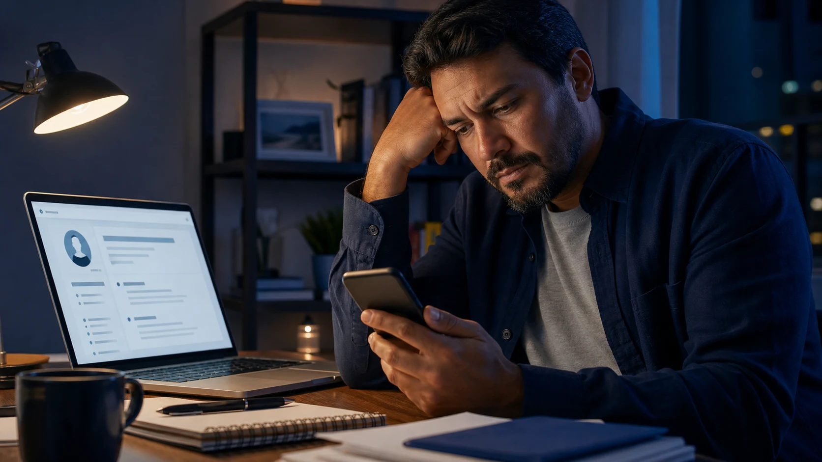 Profissional preocupado ao conferir o celular durante a busca por uma nova oportunidade